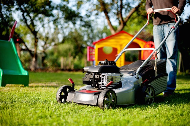 Red lawn mower on grass