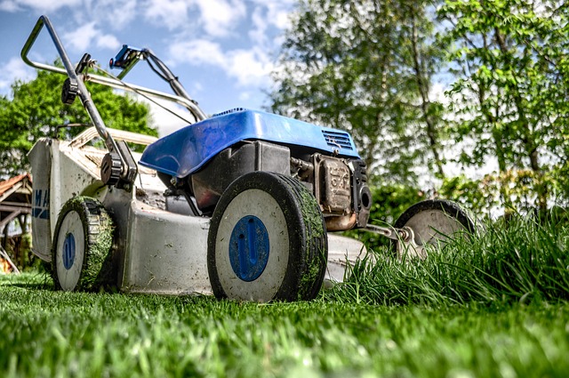 Red lawn mower on grass